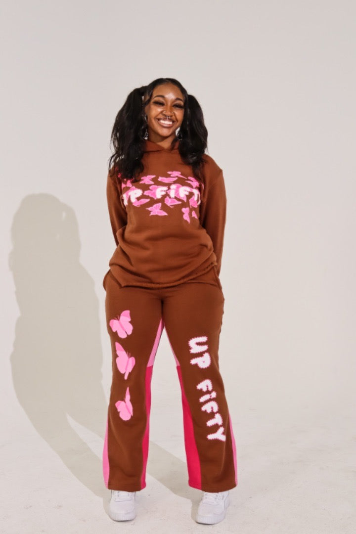 Butterfly Flare Sweatpants - Pink/Brown